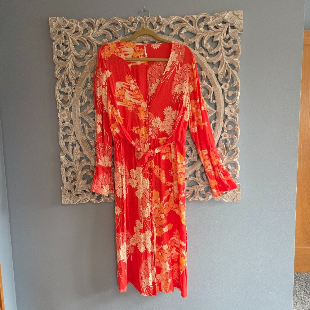 Free People Hot Pepper Orange Floral  Mixed Print Twist Dress Sz L